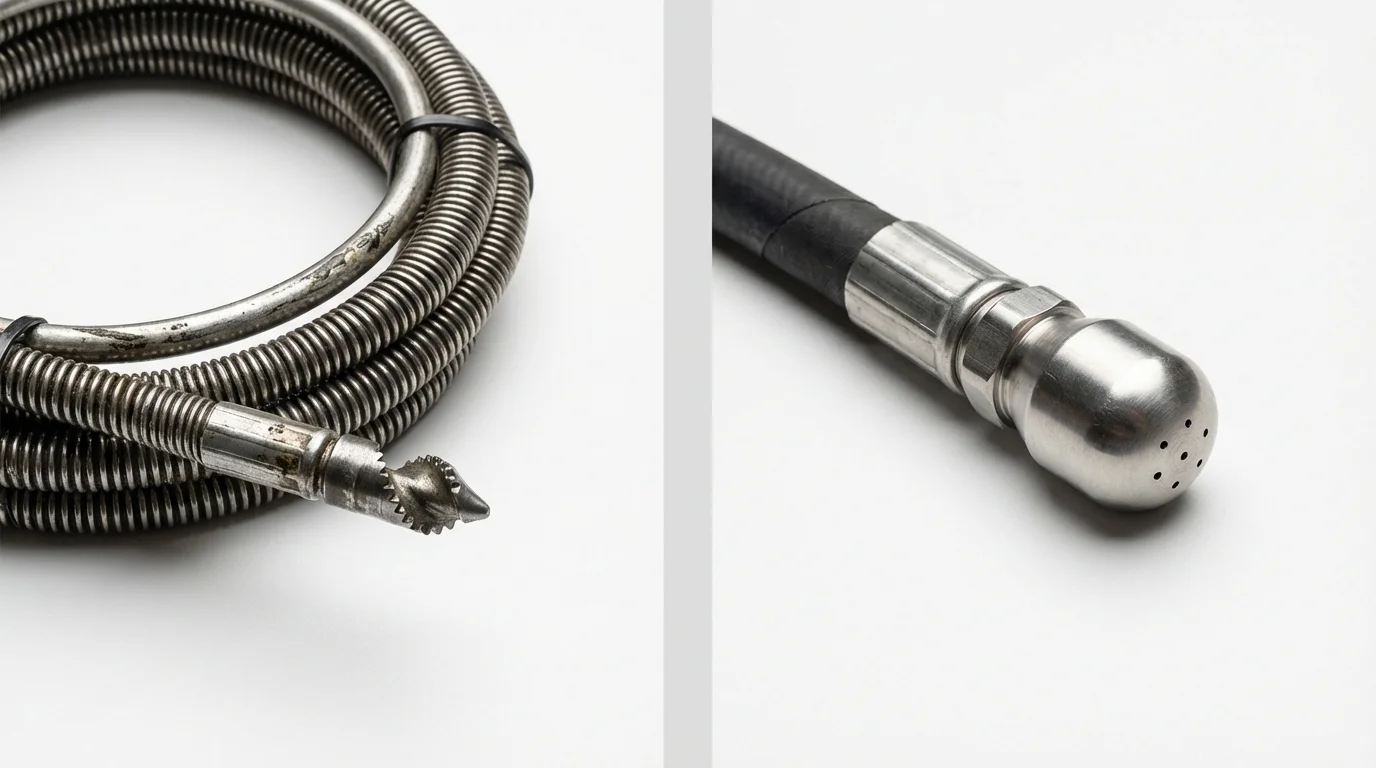 Drain snake cable and hydro jetting nozzle used for drain cleaning in Woodstock, GA