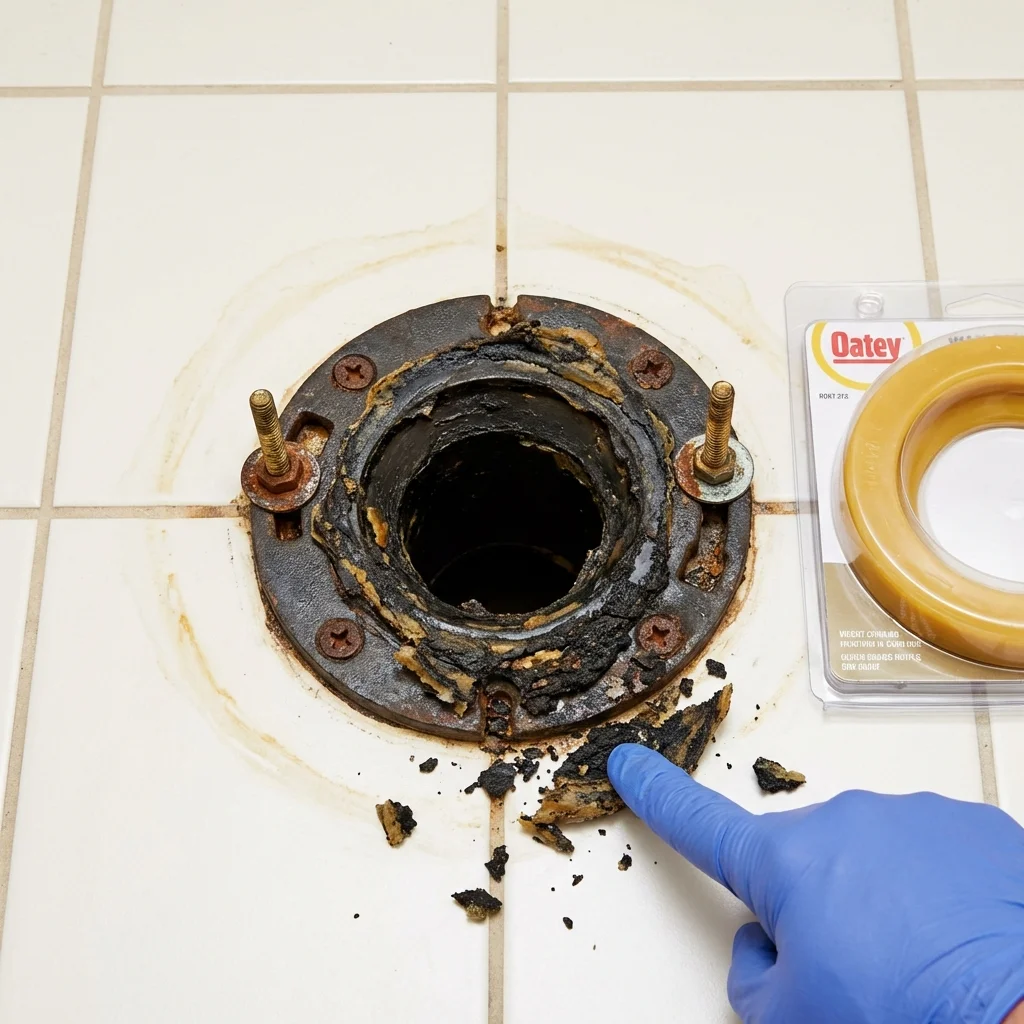 Failed wax ring showing water seepage at the base of a toilet in a Woodstock, GA home