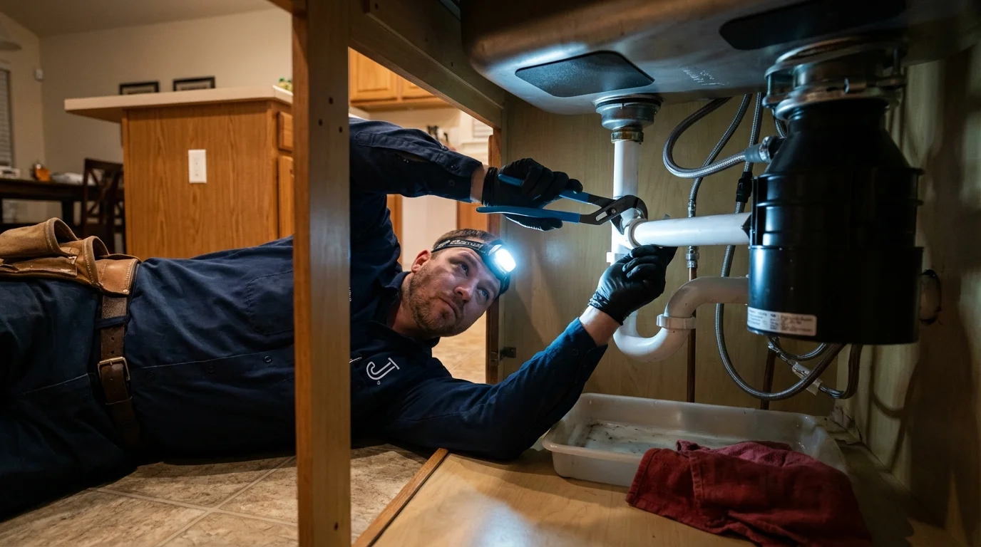 P-trap and supply line connections under a kitchen sink showing a common leak point in Woodstock, GA